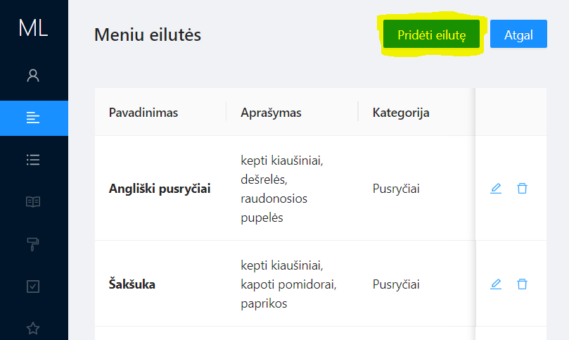 Pridėkite meniu eilutes