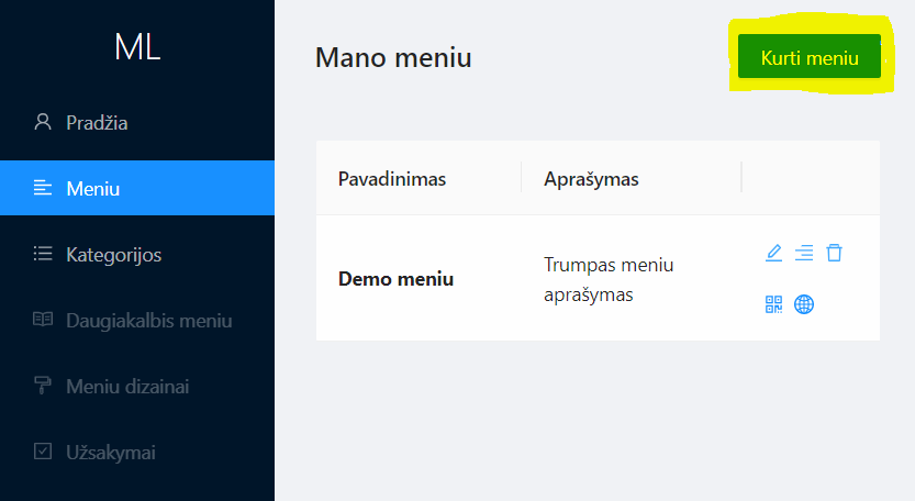 Sukurkite meniu